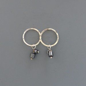 Sterling silver hammered hoops with black bead earrings